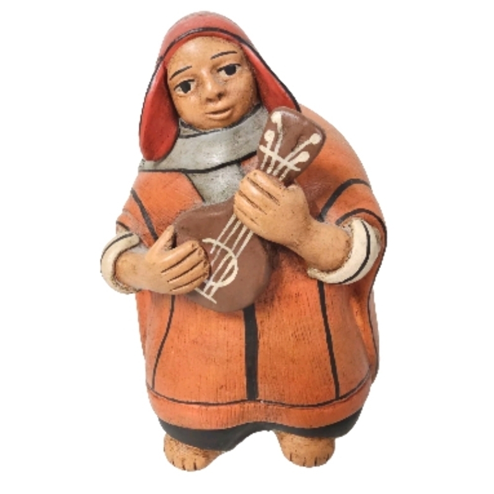 Peruvian Folk Art Pottery Sculpture Figure Woma  Guitar Musician Ukelele